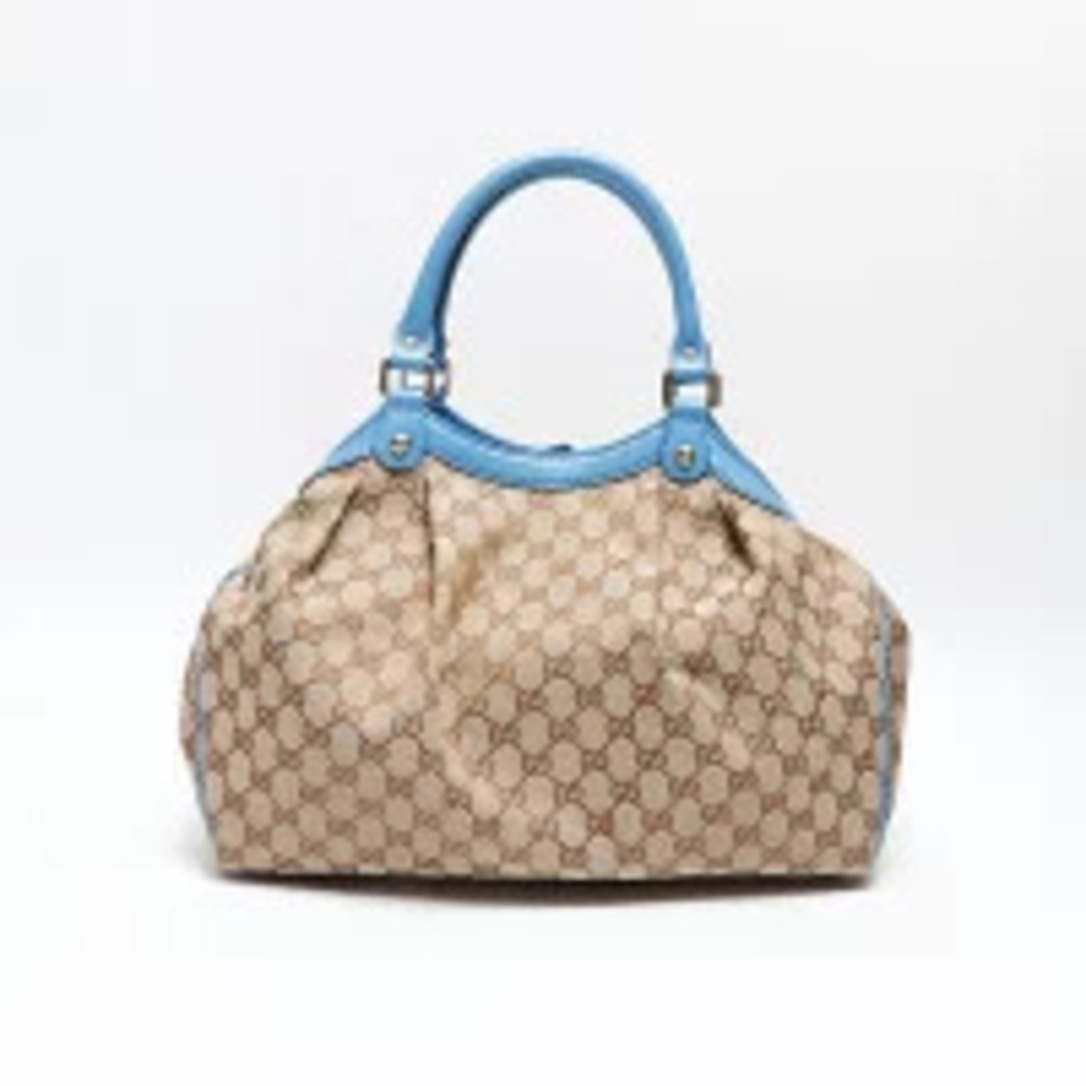 Gucci GG Canvas Sukey Blue Leather Handbag Beige - Picture 2 of 13